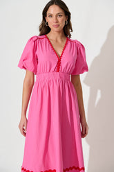 Pink Maxi Dress with Red Ric Rac Trim - Cotton Blend